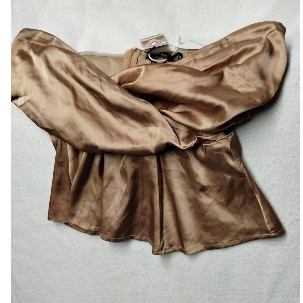 Boohoo Satin Ruched Tie‎ Sleeve Corset Top Taupe Brown US 8 NWT CMA1244352